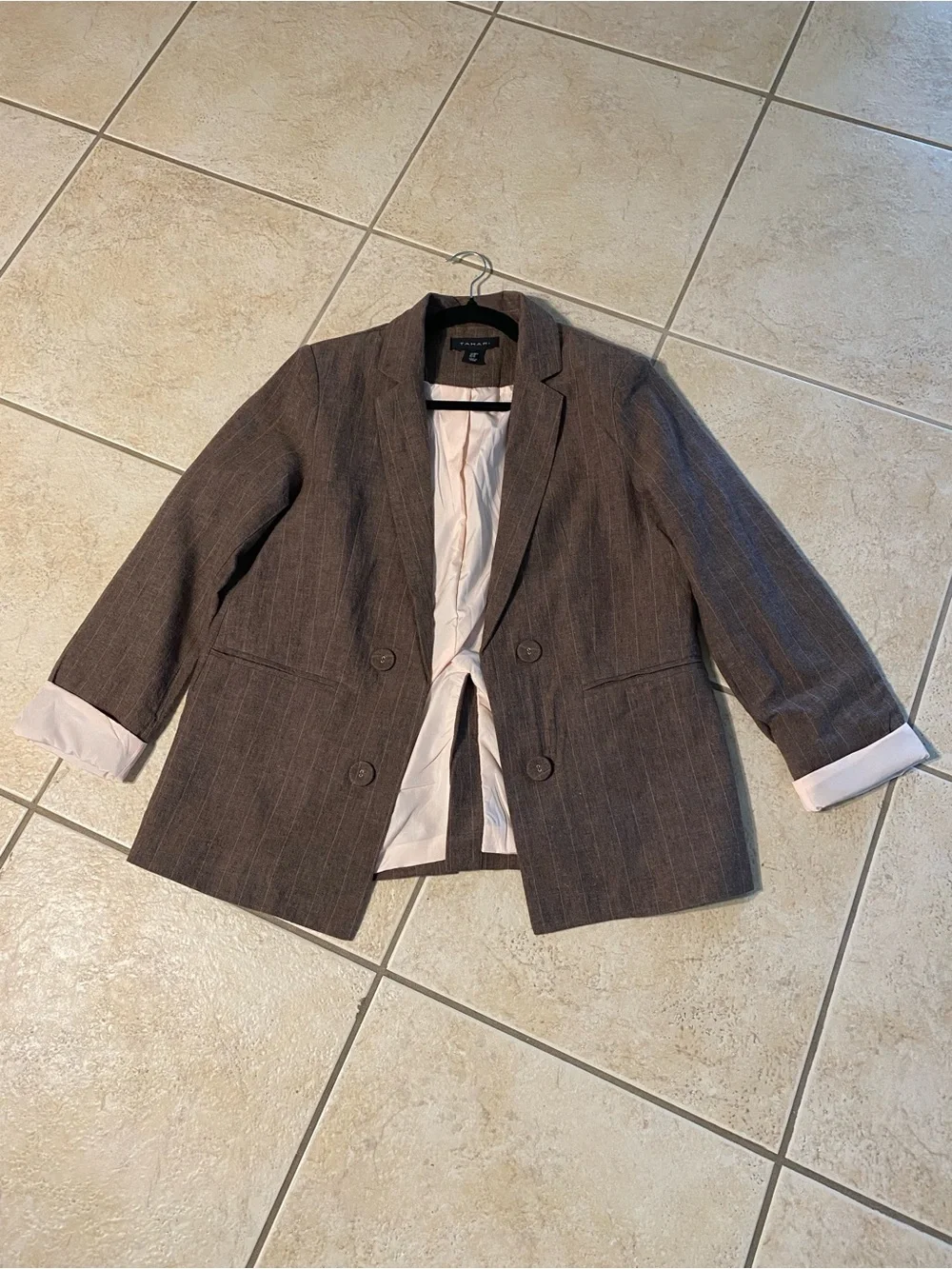 Tahari Linen Brown Pinstripe Women's open Blazer